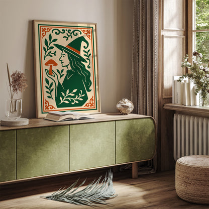Green & Orange Witch Mushroom Halloween Print