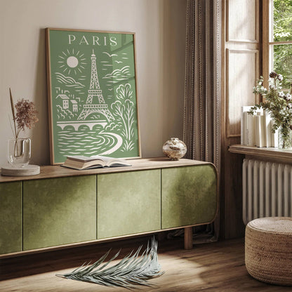 Paris Cityscape in Pistachio Green Tones Poster