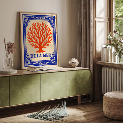 De La Mer Poster - Blue & Coral Orange Nautical Art Print