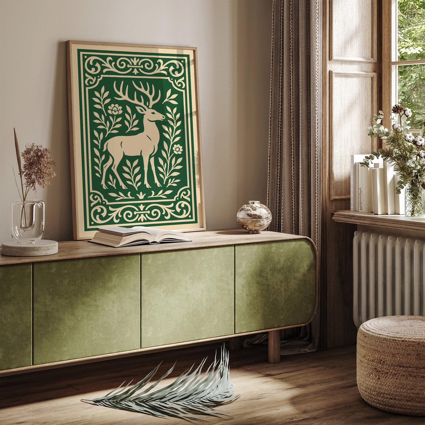 Green Linocut of Deer Poster