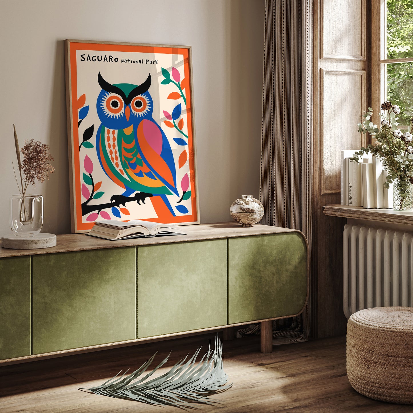 Saguaro National Park Colorful Poster with Cute Owl