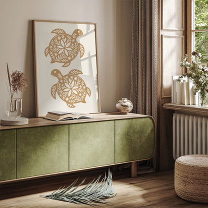 Boho Farmhouse Turtle Linocut Style Art Print