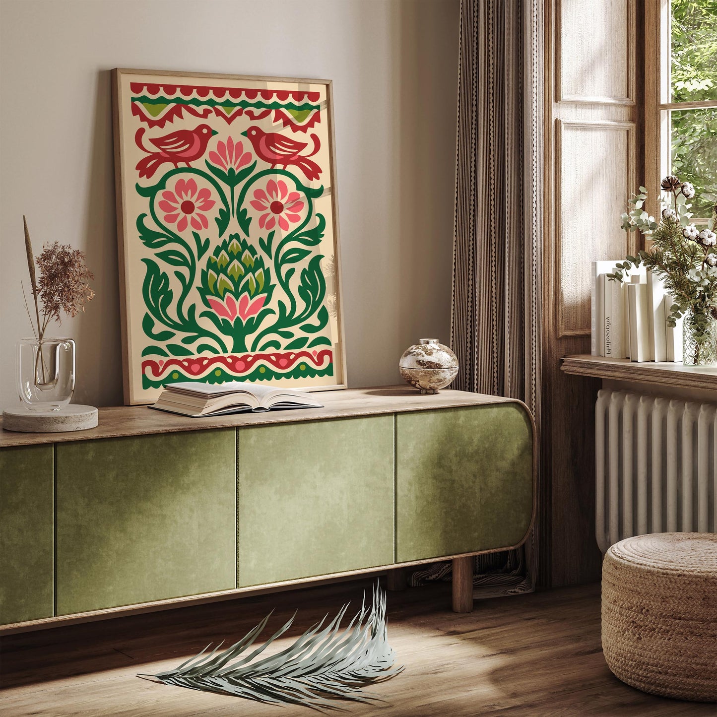 Talavera Artichoke & Birds Poster – Mexican Folk Art
