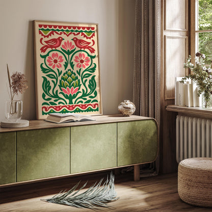 Talavera Artichoke & Birds Poster – Mexican Folk Art