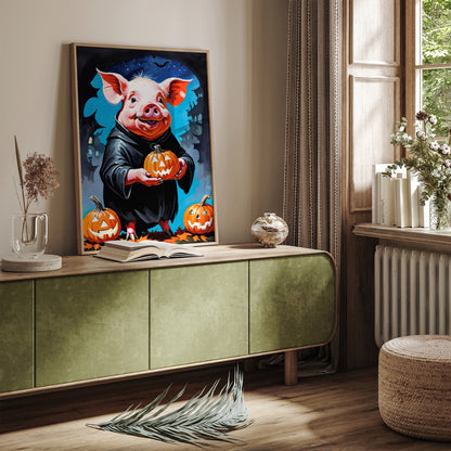 Funny Halloween Pig with Pumpkin Poster