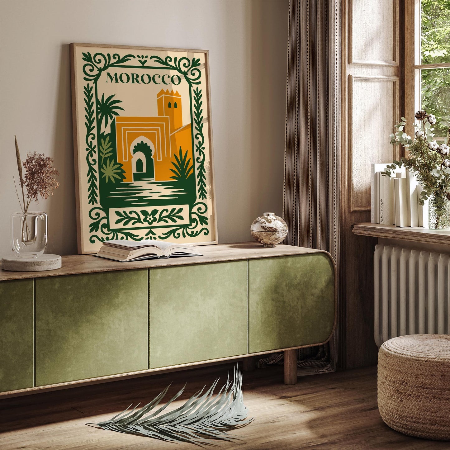 Morocco Travel Poster - Cityscape Green and Yellow Art Print