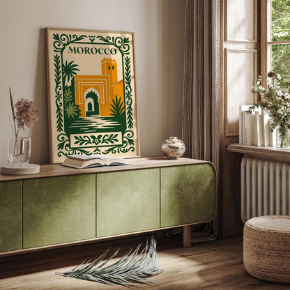 Morocco Travel Poster - Cityscape Green and Yellow Art Print