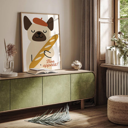 Bon Appetit! Cute Dog with Baguette Poster