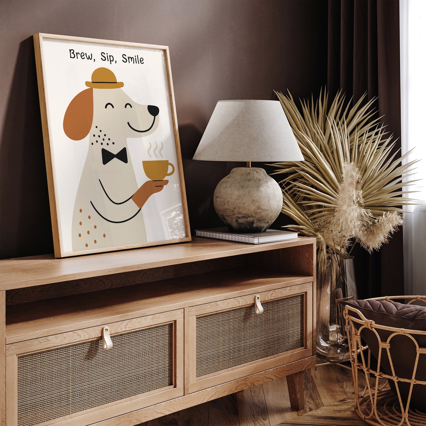 Brew Sip Smile Poster - Cute Dog with Tea Art Print