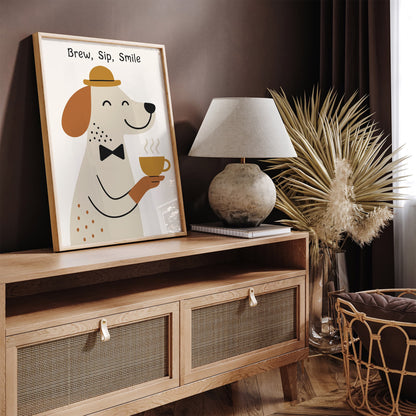 Brew Sip Smile Poster - Cute Dog with Tea Art Print