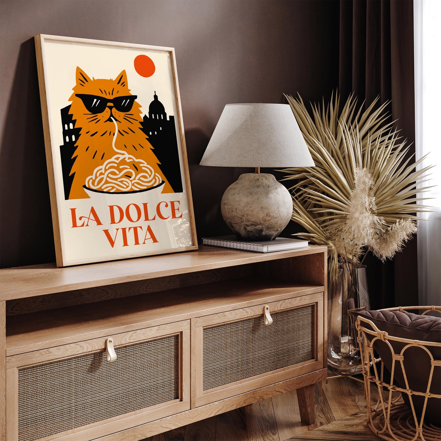La Dolce Vita Poster - Funny Cat Eating Spaghetti Wall Art Print