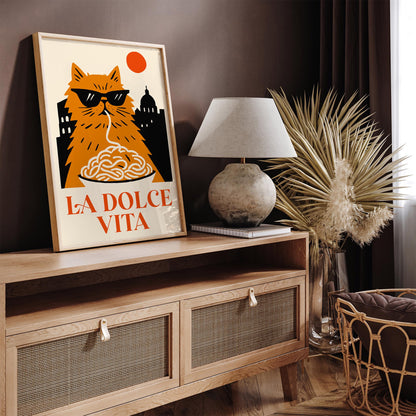 La Dolce Vita Poster - Funny Cat Eating Spaghetti Wall Art Print