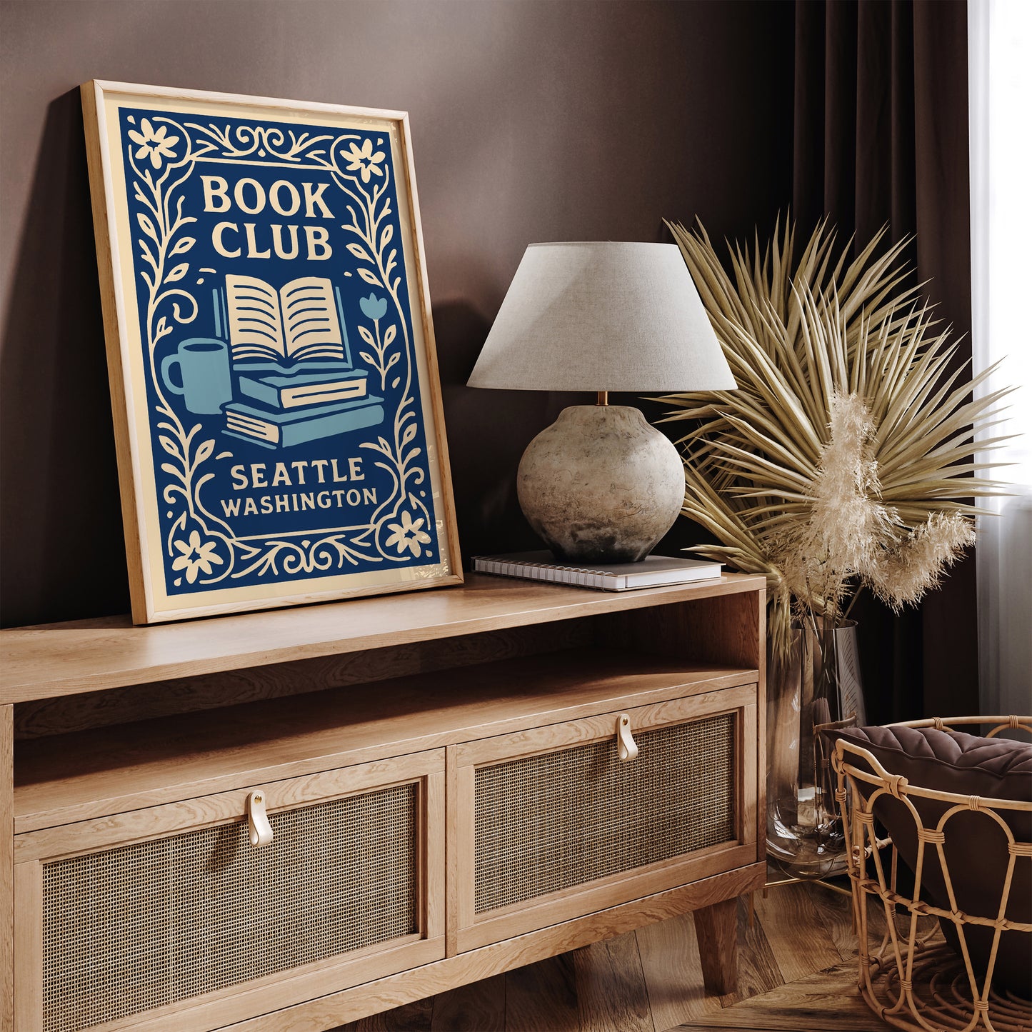 Book Club Seattle Washington Poster - Blue Literary Wall Art Print