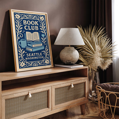 Book Club Seattle Washington Poster - Blue Literary Wall Art Print
