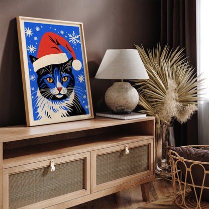 Cat Santa Blue Art Print