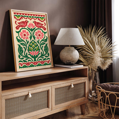 Talavera Artichoke & Birds Poster – Mexican Folk Art