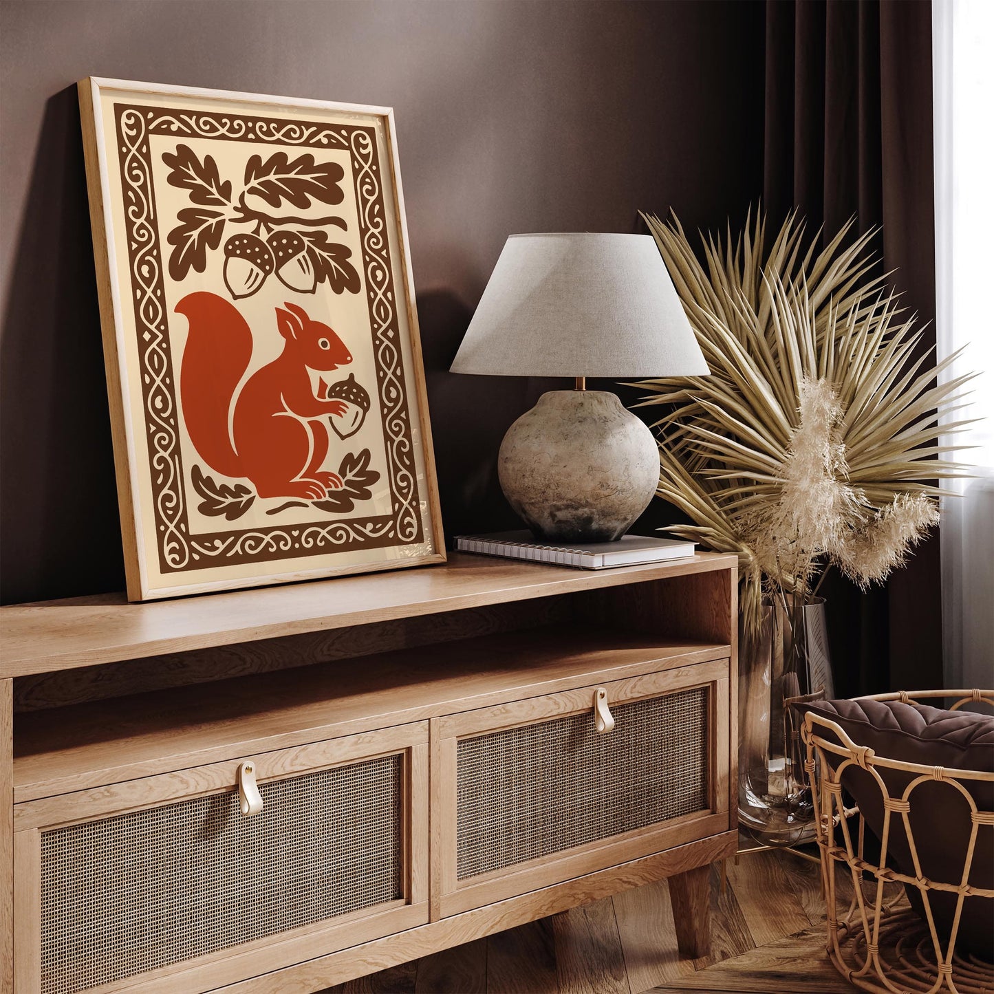 Autumn Squirrel Folk Art Print - Fall Woodcut Style Wall Decor Poster