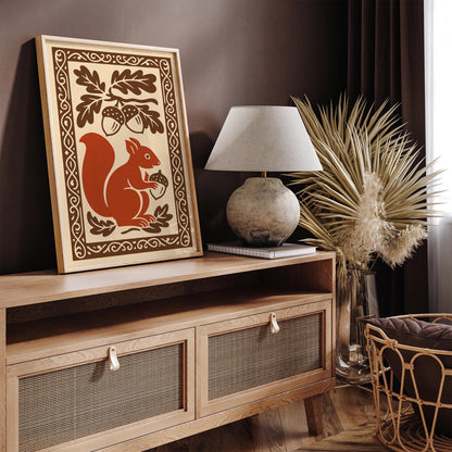 Autumn Squirrel Folk Art Print - Fall Woodcut Style Wall Decor Poster