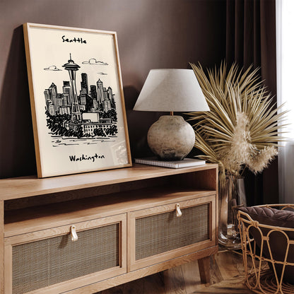 Seattle Washington Black Ink Travel Poster
