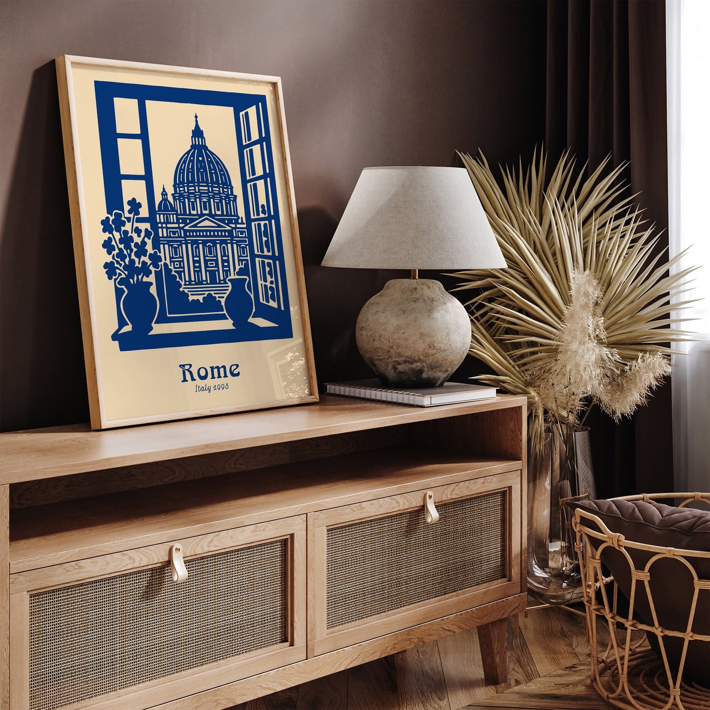 Rome Italy 1993 - Blue Linocut Style Wall Art Print
