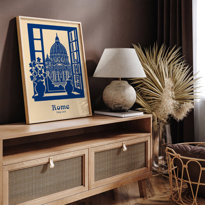Rome Italy 1993 - Blue Linocut Style Wall Art Print