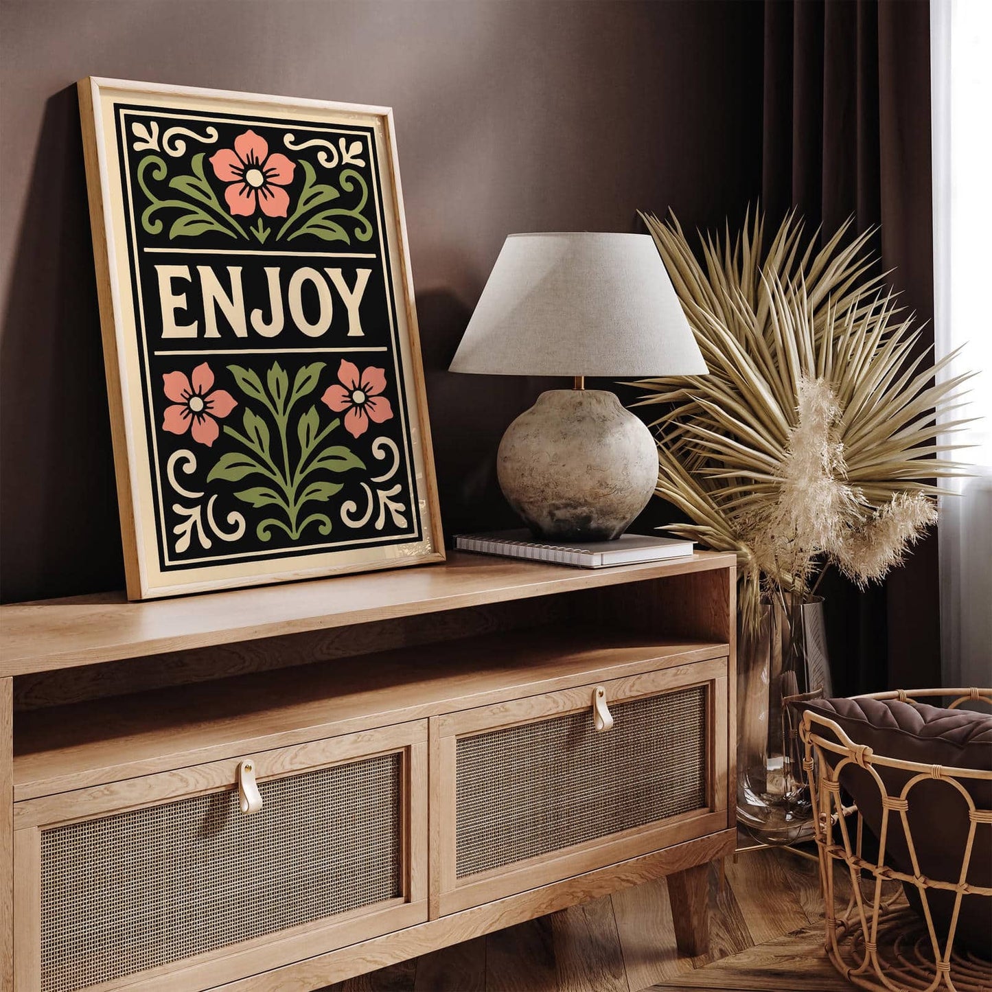 Enjoy Quote Poster, Black Rococo Floral Art Print