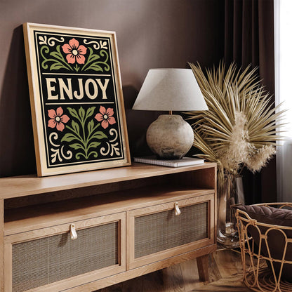 Enjoy Quote Poster, Black Rococo Floral Art Print