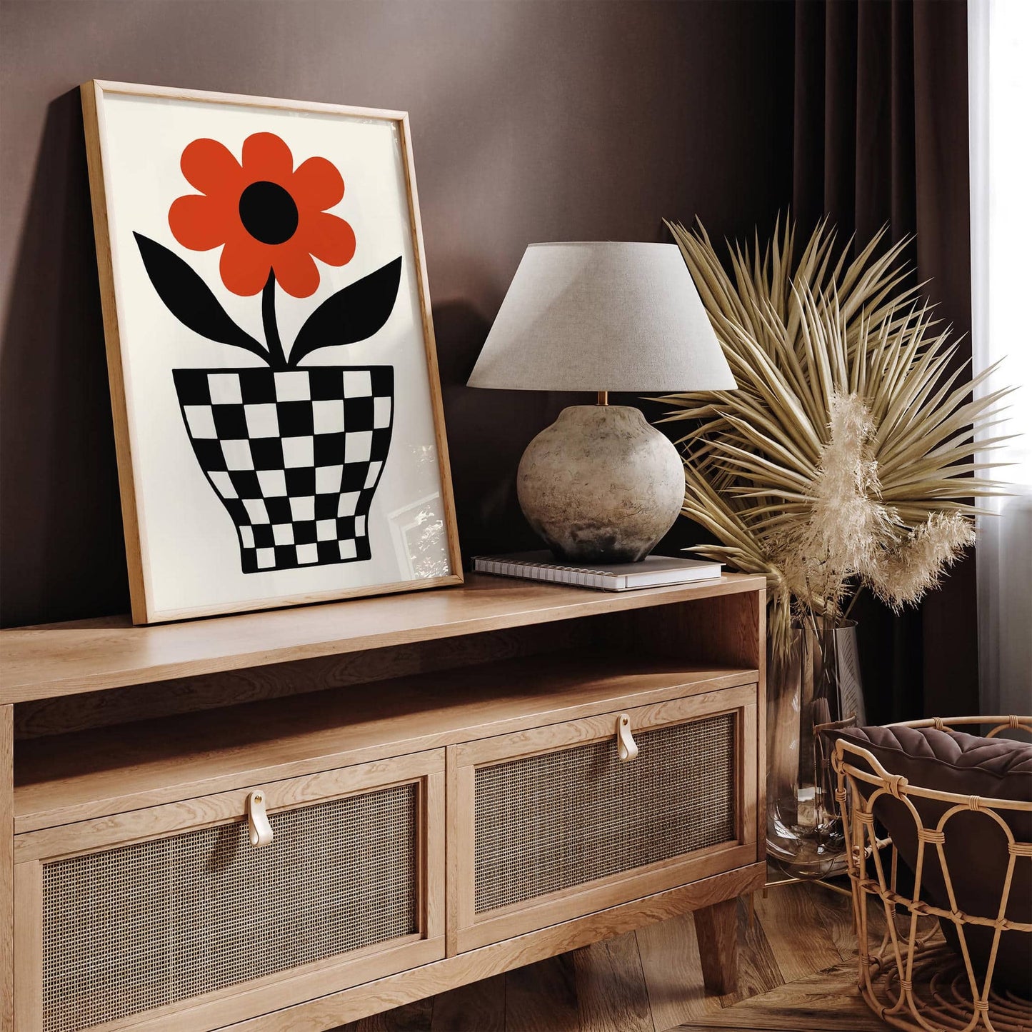 Retro Red Flower in Checkerboard Pot Poster