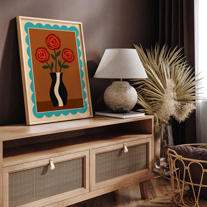 Retro Red Roses in Vase Poster - Vintage Wall Art