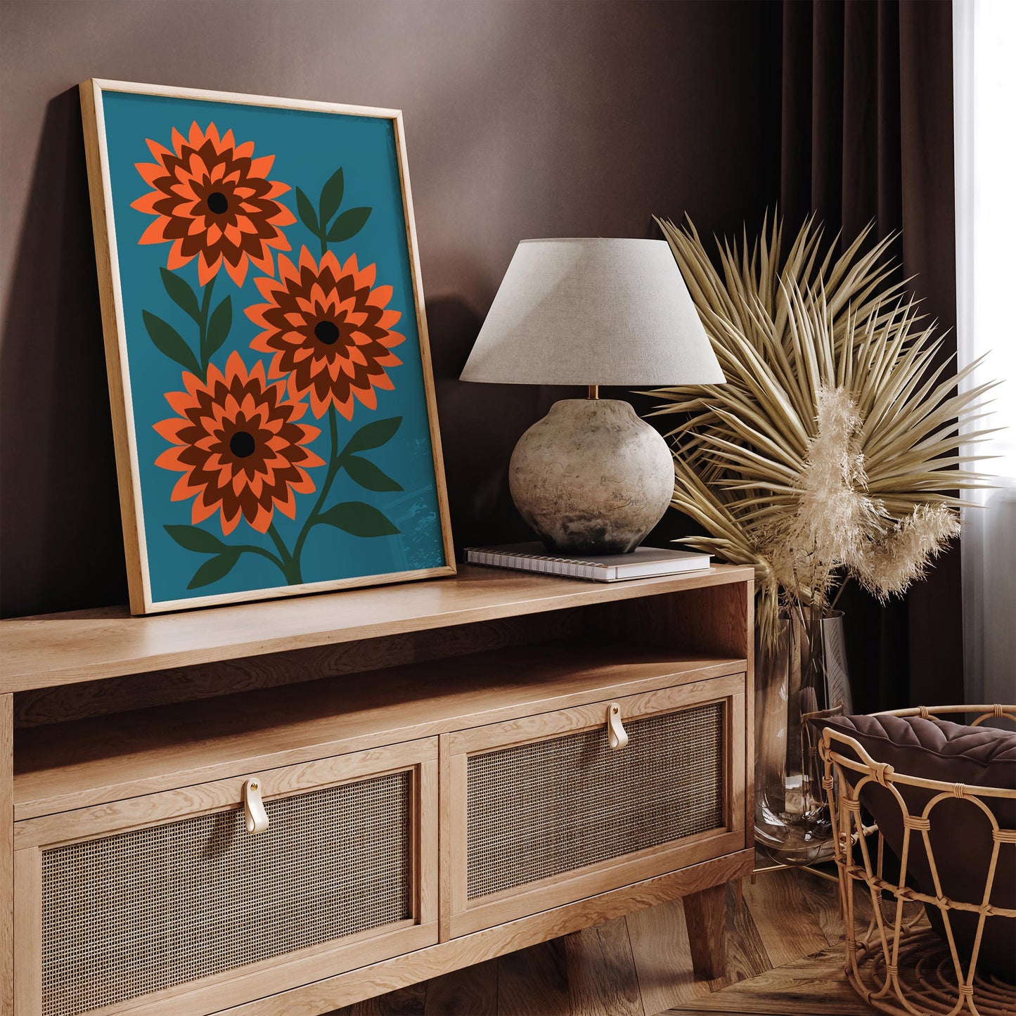Retro Dahlia Flowers Poster, Colorful Nature Wall Art Print