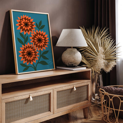 Retro Dahlia Flowers Poster, Colorful Nature Wall Art Print