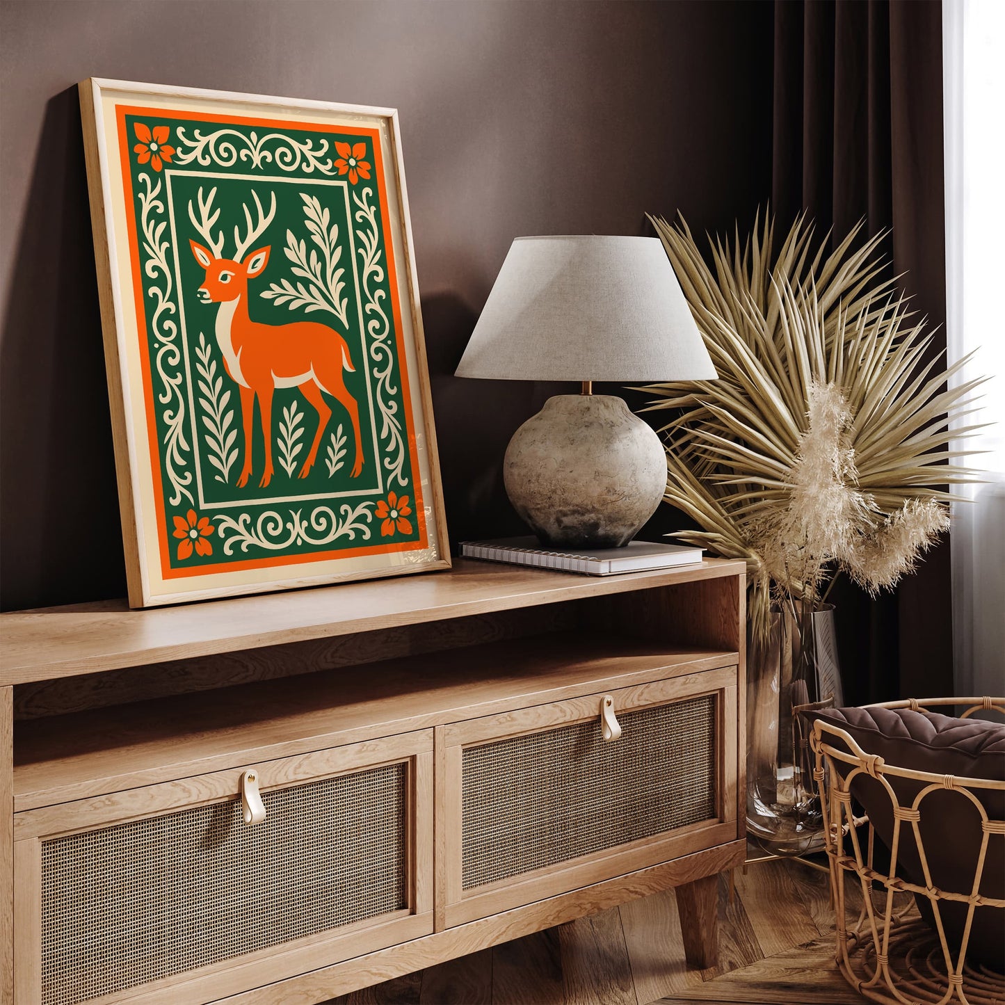 Rococo Deer Art Print - Green and Orange Nature Poster