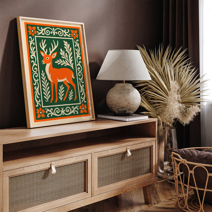 Rococo Deer Art Print - Green and Orange Nature Poster