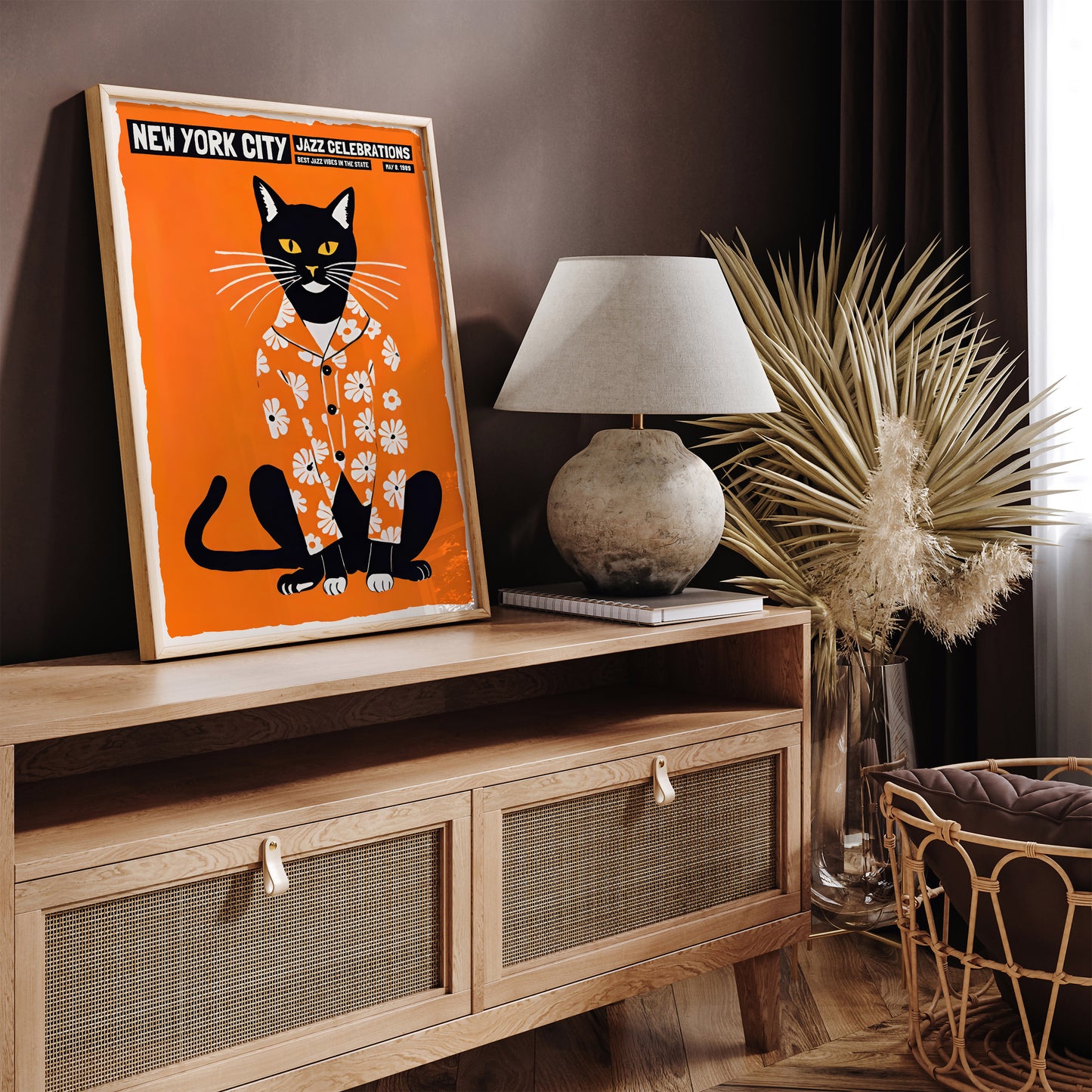 Jazz Celebrations with Cute Cat Orange Wall Art