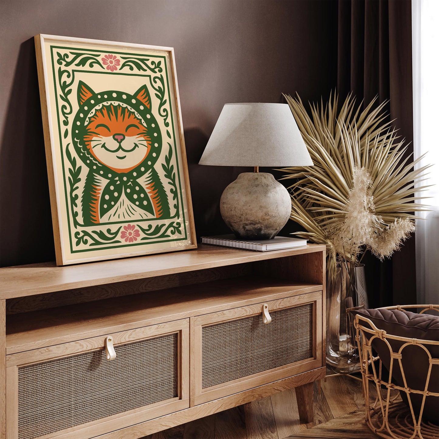 Whimsical Cat Poster - Folk Art Animal Wall Print