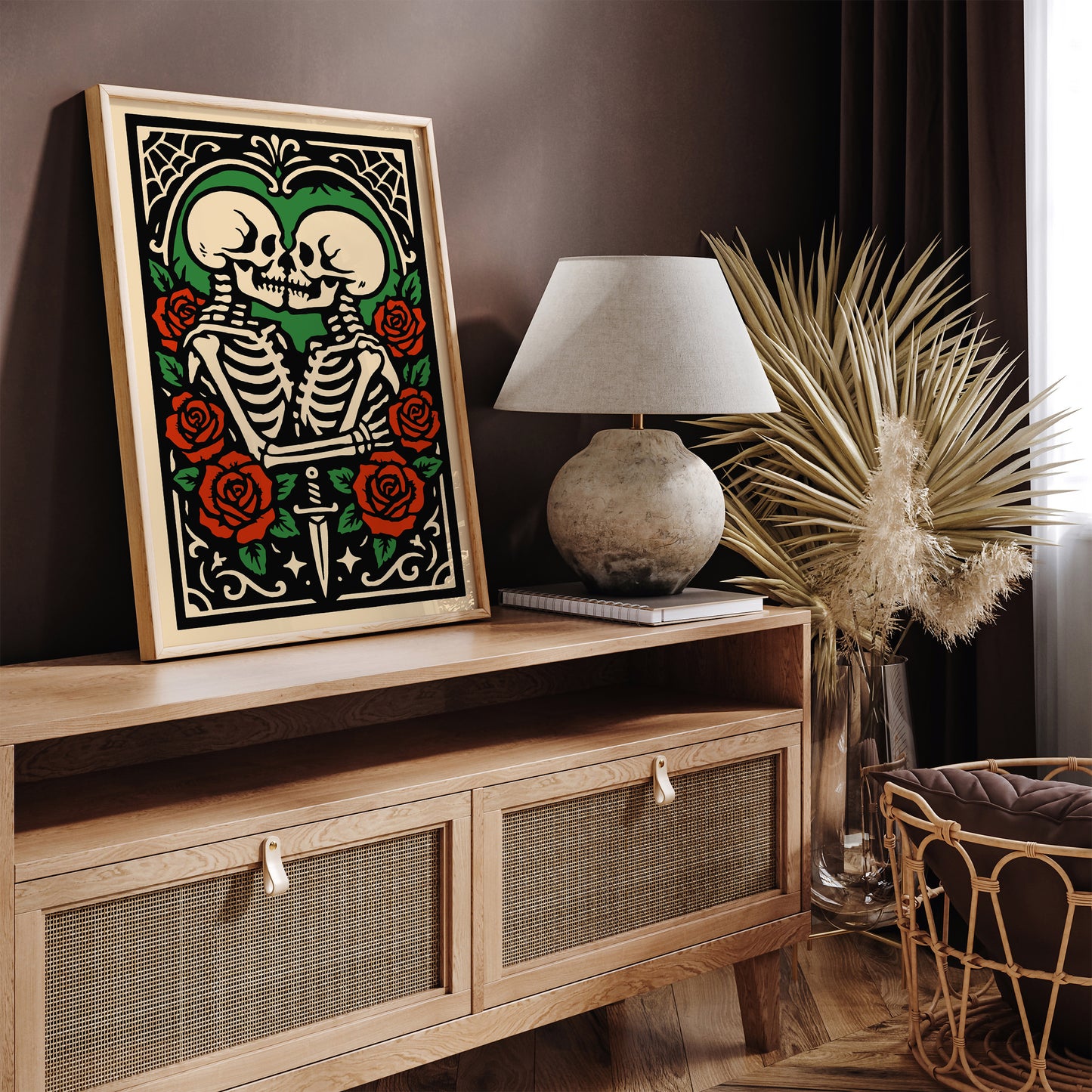 Rockabilly Skeletons Couple Poster - Halloween Romantic Kiss Art Print