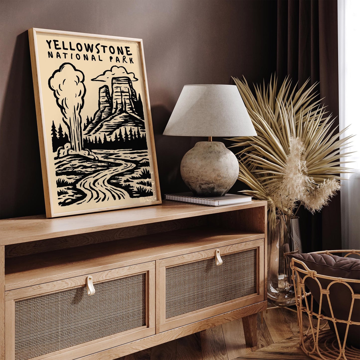 Yellowstone National Park Poster - Black Ink Wall Art