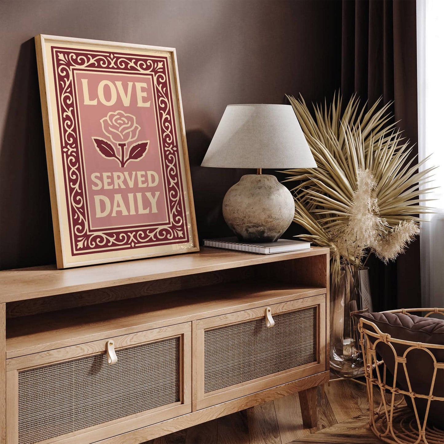 Love Served Daily Poster, Pink Quote Kitchen Print