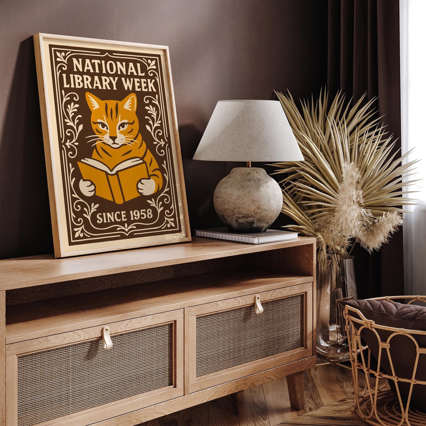 National Library Week Poster, Cat Reading a Book Print