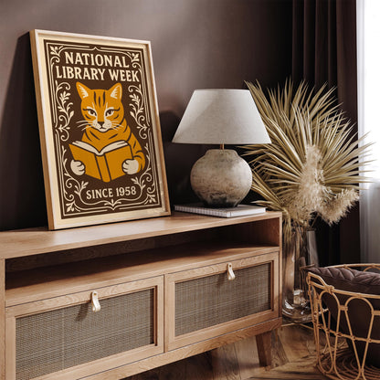 National Library Week Poster, Cat Reading a Book Print