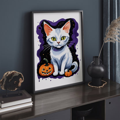 White Cat Halloween Art Print 2025