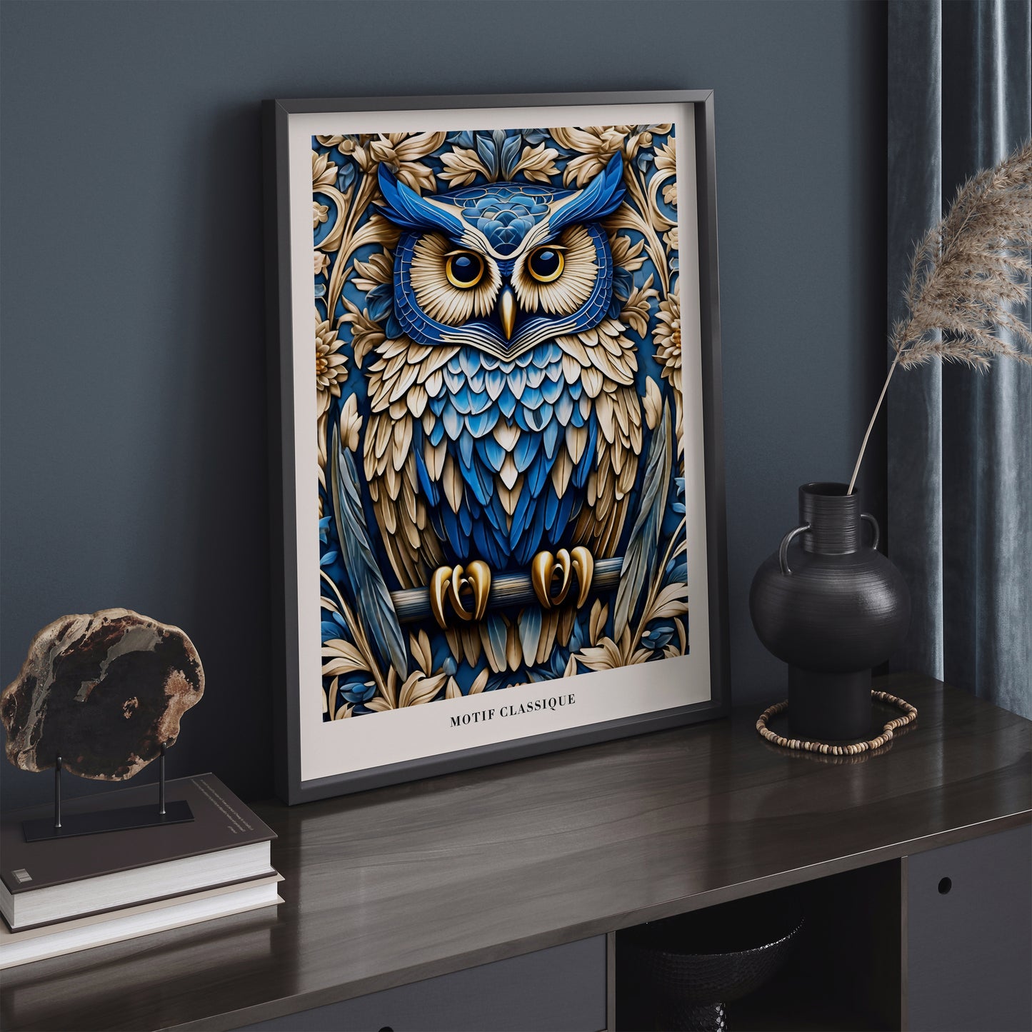 Blue Art Nouveau Owl Art Print