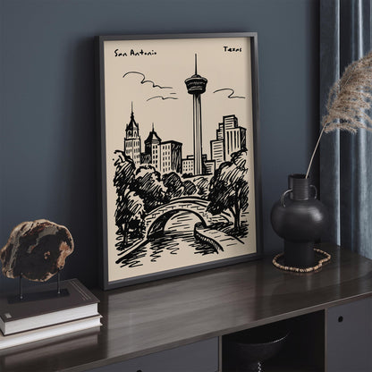 San Antonio Texas Black Ink Travel Poster