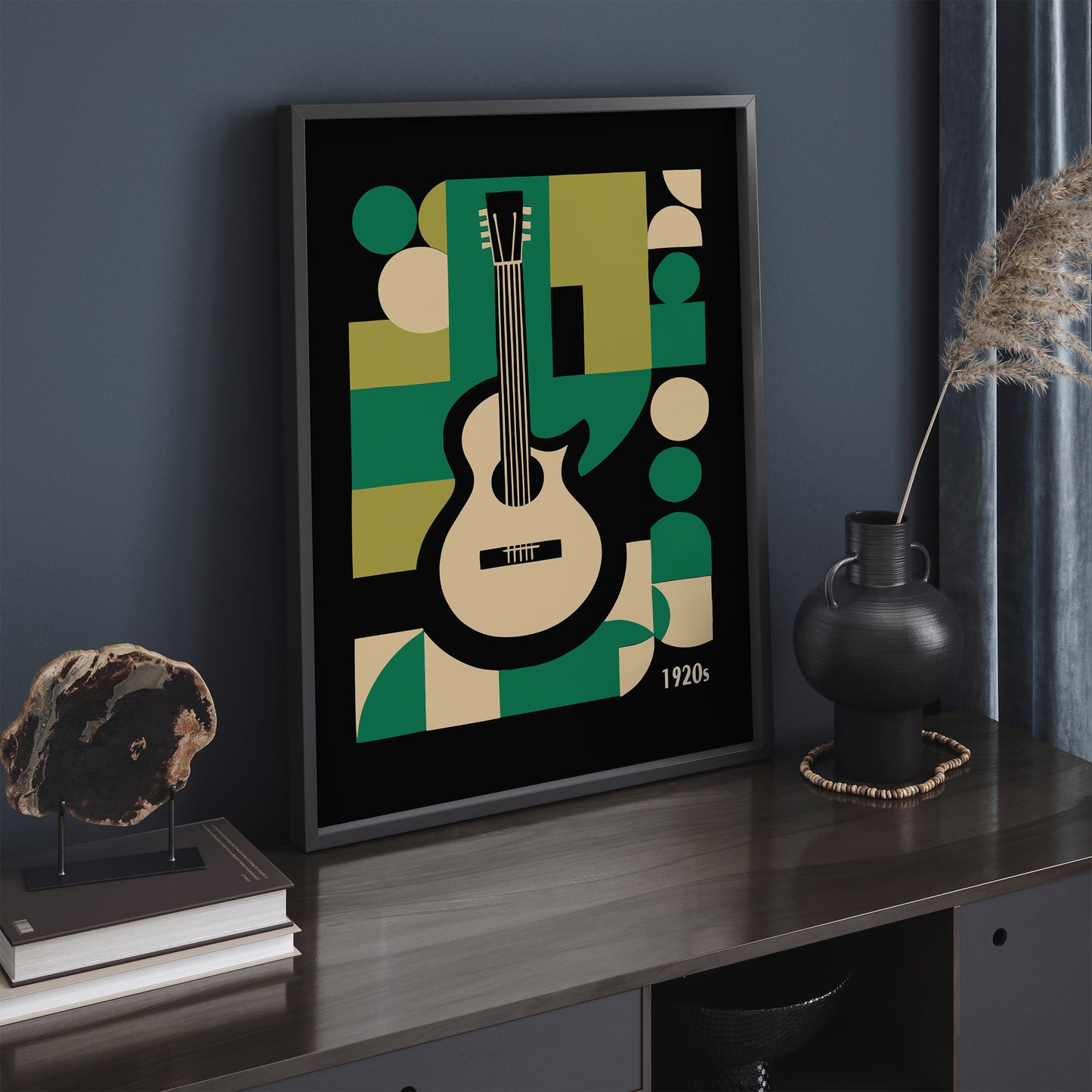 Jazz Age, Roaring 20s, Green Geometric Guitar Print