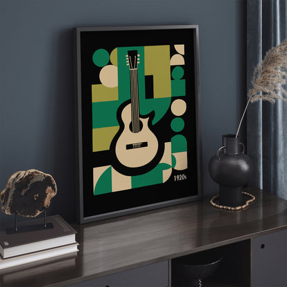 Jazz Age, Roaring 20s, Green Geometric Guitar Print