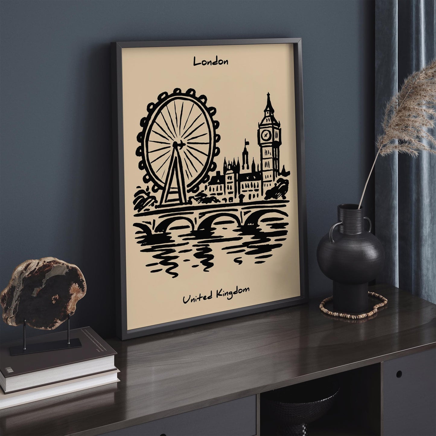 London United Kingdom - Black Ink Cityscape Wall Art Print
