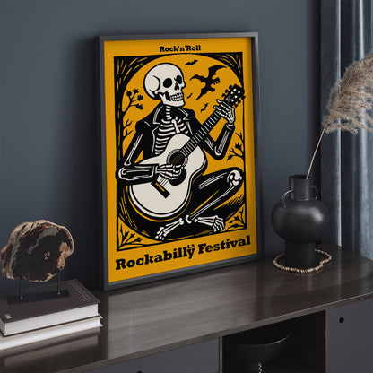 Yellow Skeleton Playing Guitar Rockabilly Music Poster