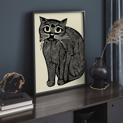 Linocut Chubby Cat Wall Art Print