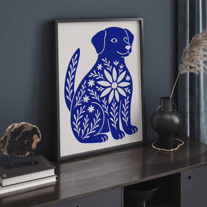 Cute Blue Dog with Floral Pattern Poster