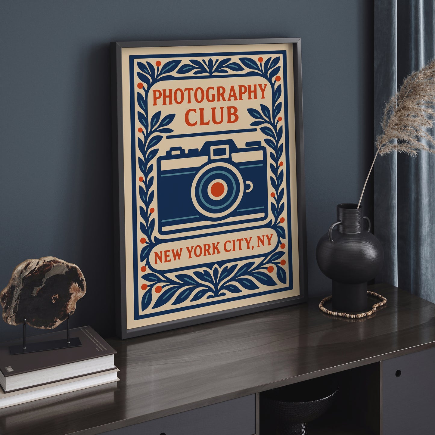 Photography Club NYC Poster – Blue Camera Floral Print